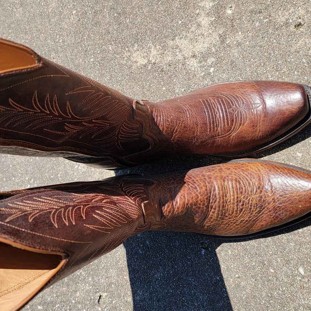Lucchese Paxon Moose Hide Brown Cowboy Boots with Intricate Stitching